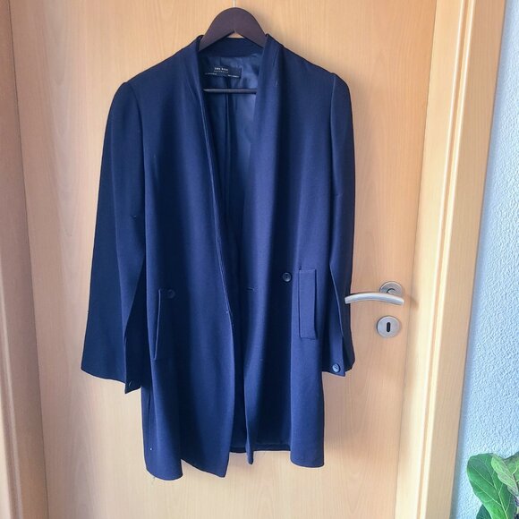 Zara Basic Outerwear Navy Blue Wool Longline Double Breasted Blazer Coat Size XS - Picture 8 of 15